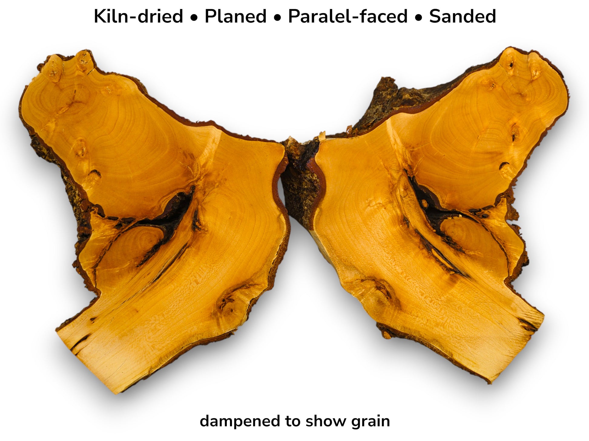 Two symmetrical golden wood slices with dark bark edges and text detailing preparation and finish.