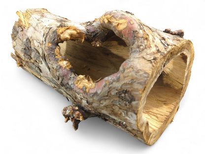 An untreated, hollow natural wood log featuring rough, mottled bark and a smooth, light inner tunnel.