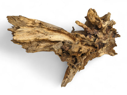 Rough, untreated, light brown organic wood, gnarled and weathered, with visible grain and numerous deep crevices.