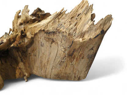 Roughly textured piece of light brown wood, featuring varied grain patterns and splintered, irregular top edges.