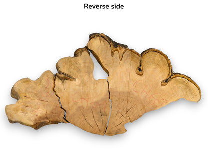 Irregular light brown cherry wood slice shows distinct grain, dark bark, radial cracks, and red numbering.