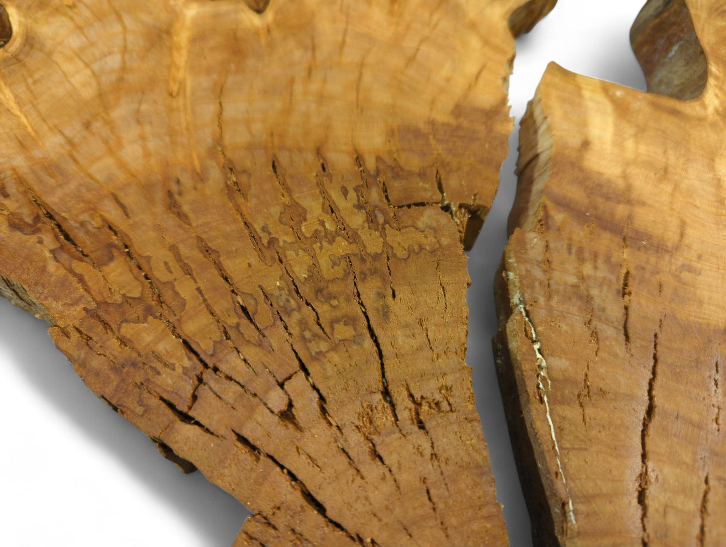 Close-up of two irregular golden-brown cherry wood halves, freshly split, showing intricate grain and cracks.