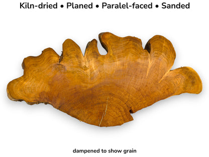 Irregular, reddish-brown wild cherry root slice displaying distinct grain. Text: Kiln-dried, Planed, Parallel-faced, Sanded, dampened.