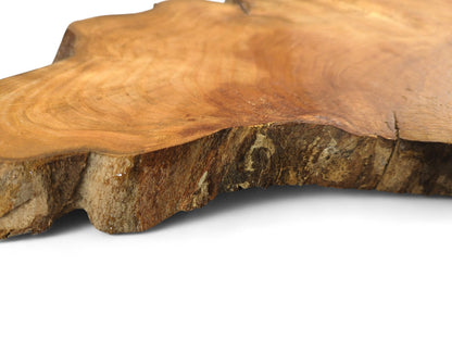 Irregular wild cherry root slice showing its natural live edge, distinct grain, and a prominent surface crack.