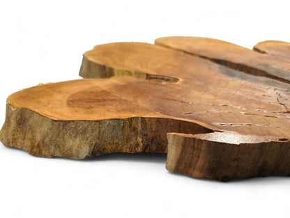 Warm-toned bookmatched wild cherry wood slices with natural live edges and visible grain on white.