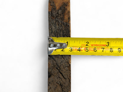 Dark, rough wild cherry wood bark being measured horizontally by a yellow tape measure on a white background.