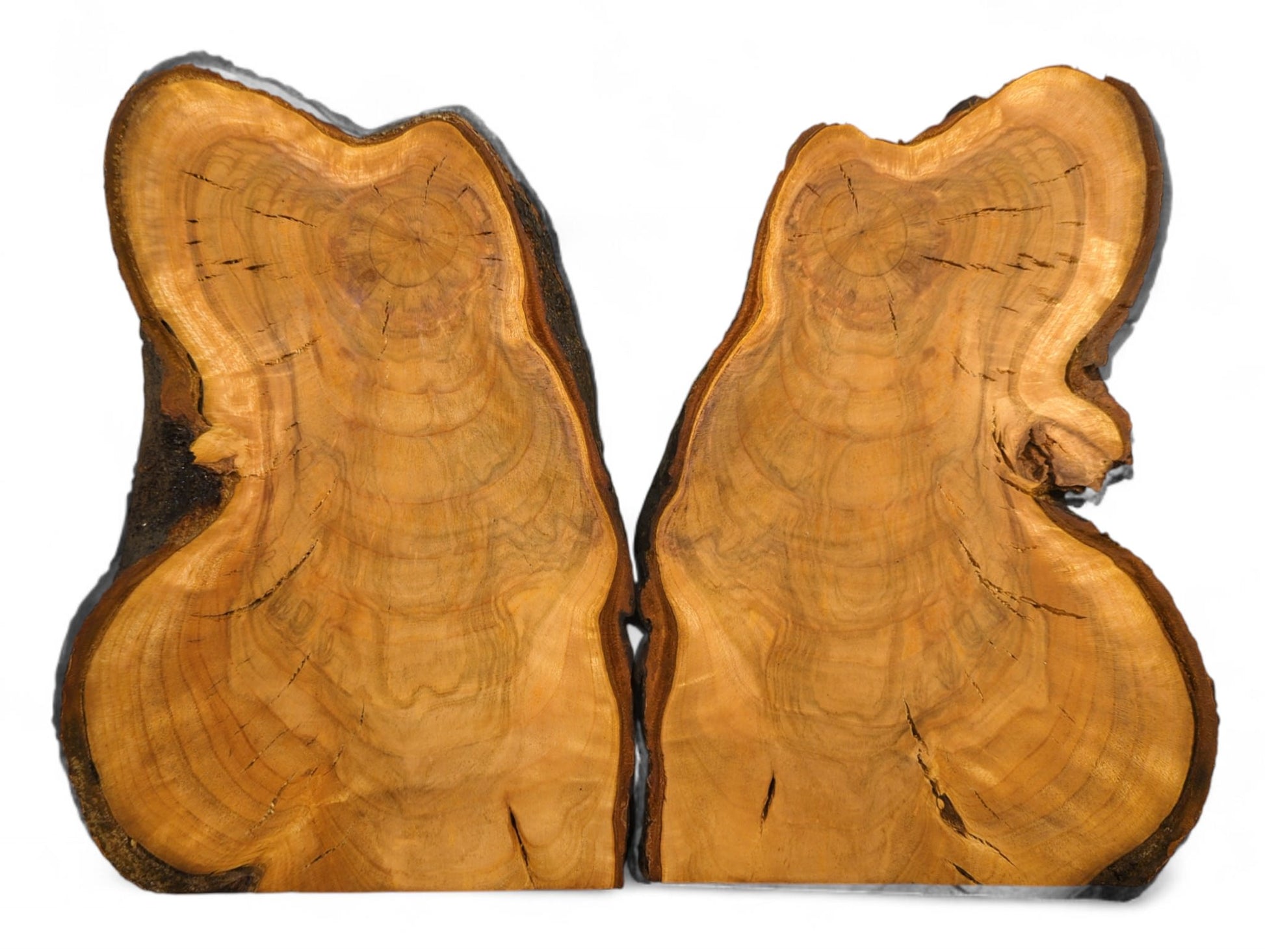 Rough-edged, golden-brown wild cherry wood slices, bookmatched with visible annual rings and some surface cracks.