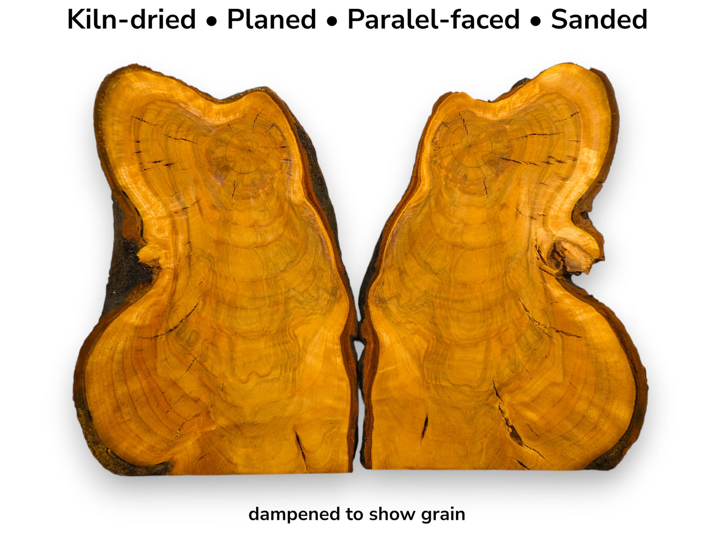 Image with text displaying two bookmatched cherry wood slices featuring golden rings and dark live edges.