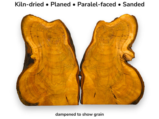 Image with text displaying two bookmatched cherry wood slices featuring golden rings and dark live edges.
