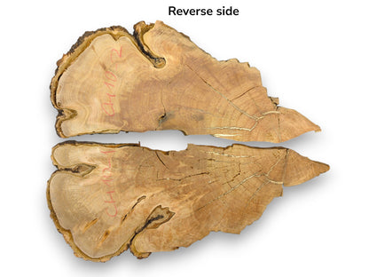 Reverse side of two bookmatched wild cherry slices with golden cracks, live edges, and red markings.