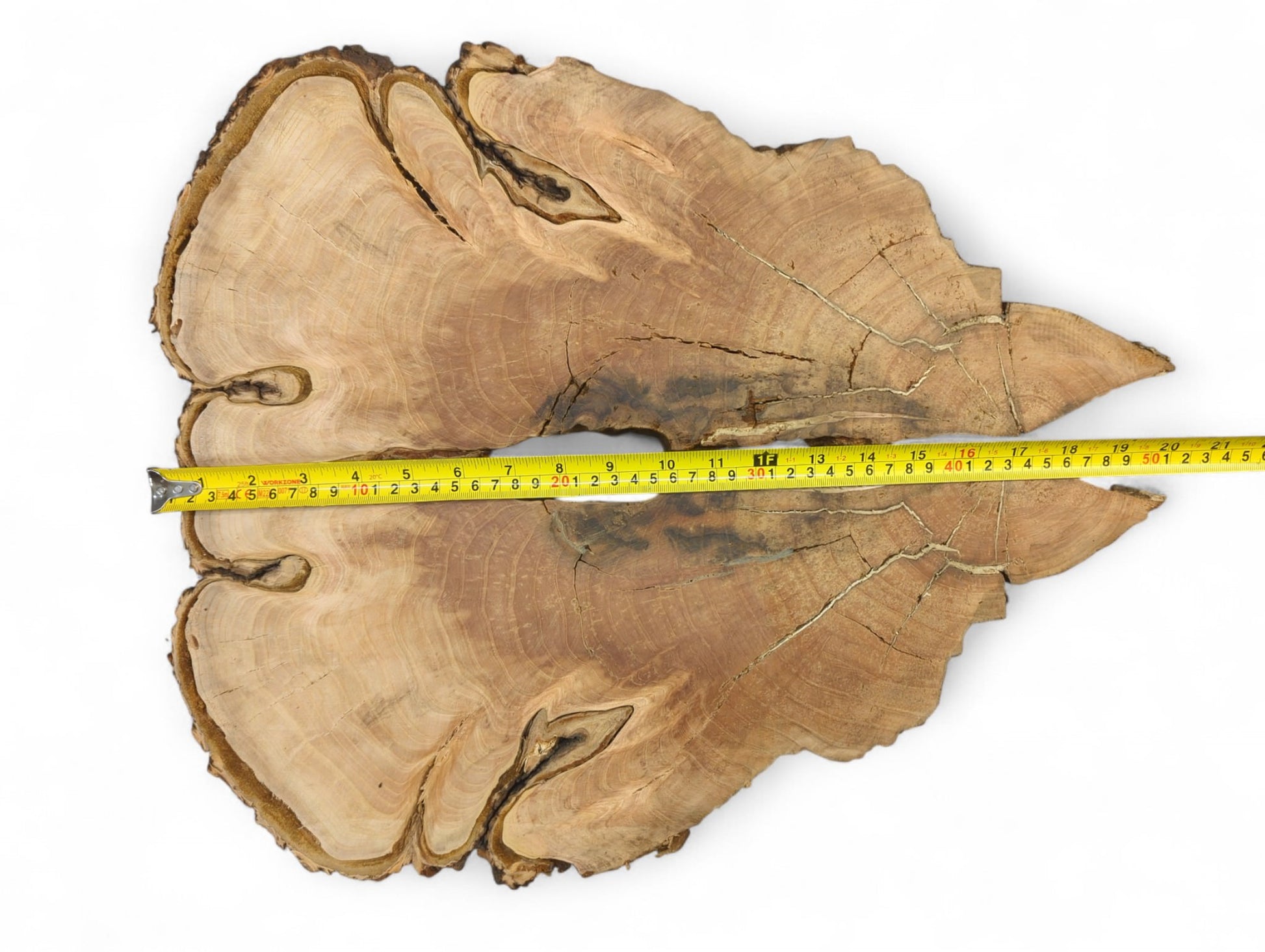 Bookmatched light brown wood slices show visible grain, prominent dark cracks, and a yellow tape measure.