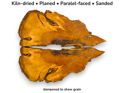 Mirrored golden-brown cherry wood slices showing natural grain and live edges with text detailing processing steps.
