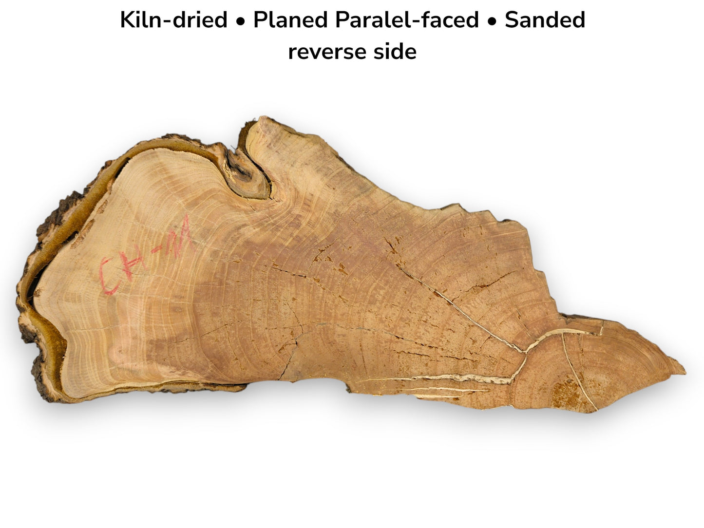 A sanded timber slab with a dark, natural edge shows concentric grain and filled fissures.