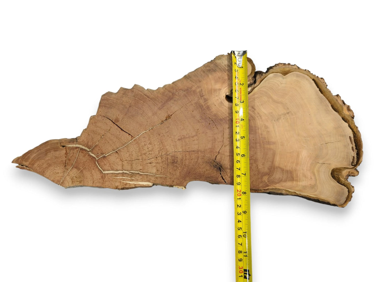 Light brown wild cherry wood slab with irregular shape, live edges, visible cracks, and yellow measuring tape.