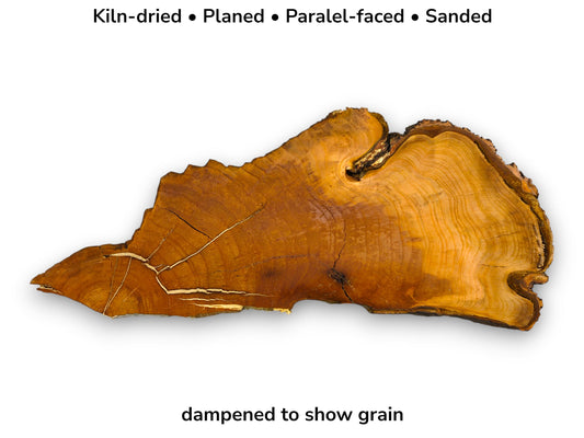 Live edge cherry wood slab, brown with yellow grain, dampened to show features. Text indicates processing information.