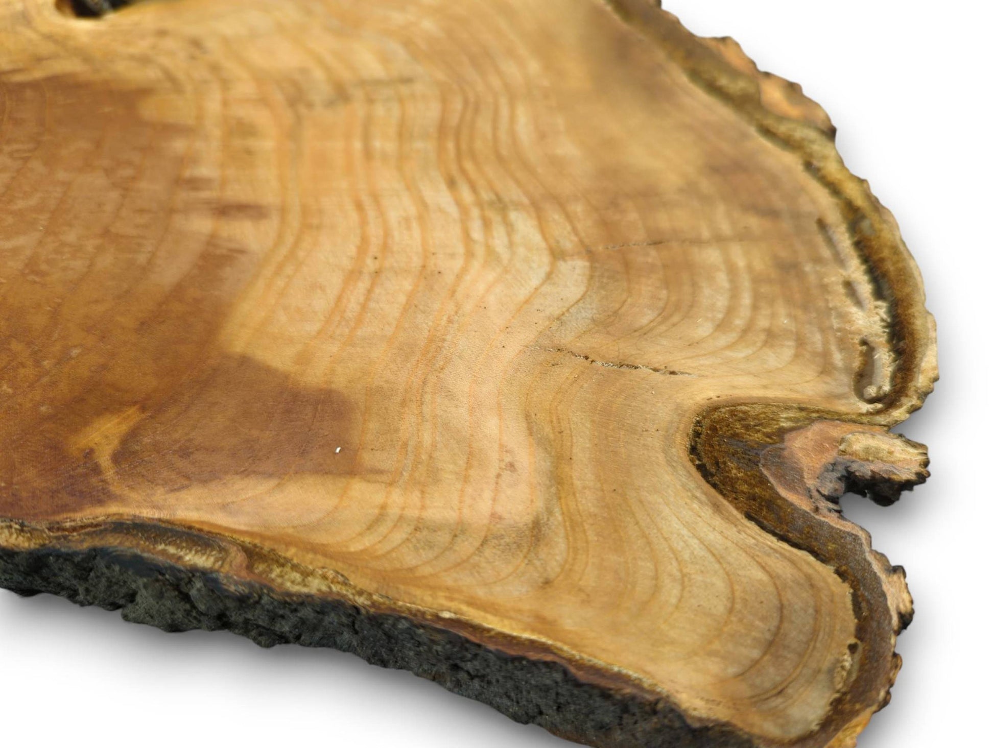 Close-up of an irregularly shaped wild cherry wood slice showing distinct natural grain patterns and a dark live edge.
