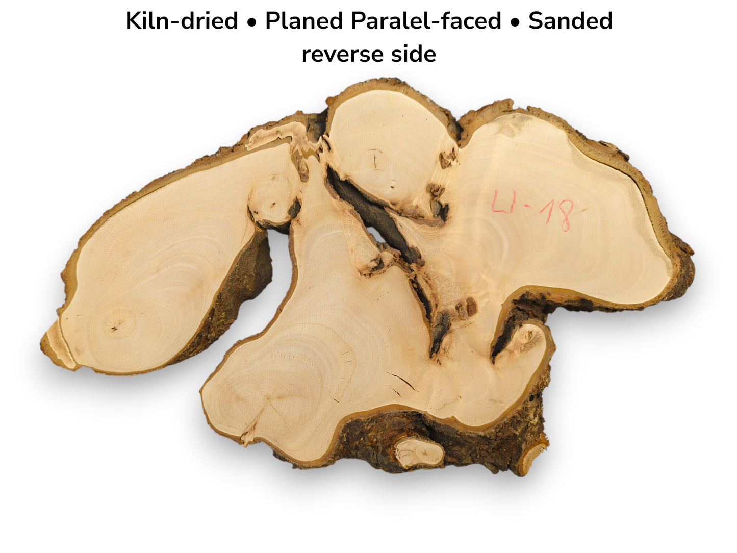 Light-colored, irregular linden wood slice slab with visible grain, textured bark, and descriptive preparation text.