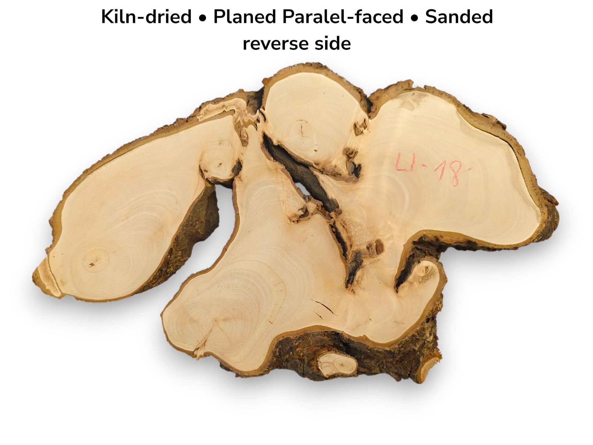 Light-colored, irregular linden wood slice slab with visible grain, textured bark, and descriptive preparation text.