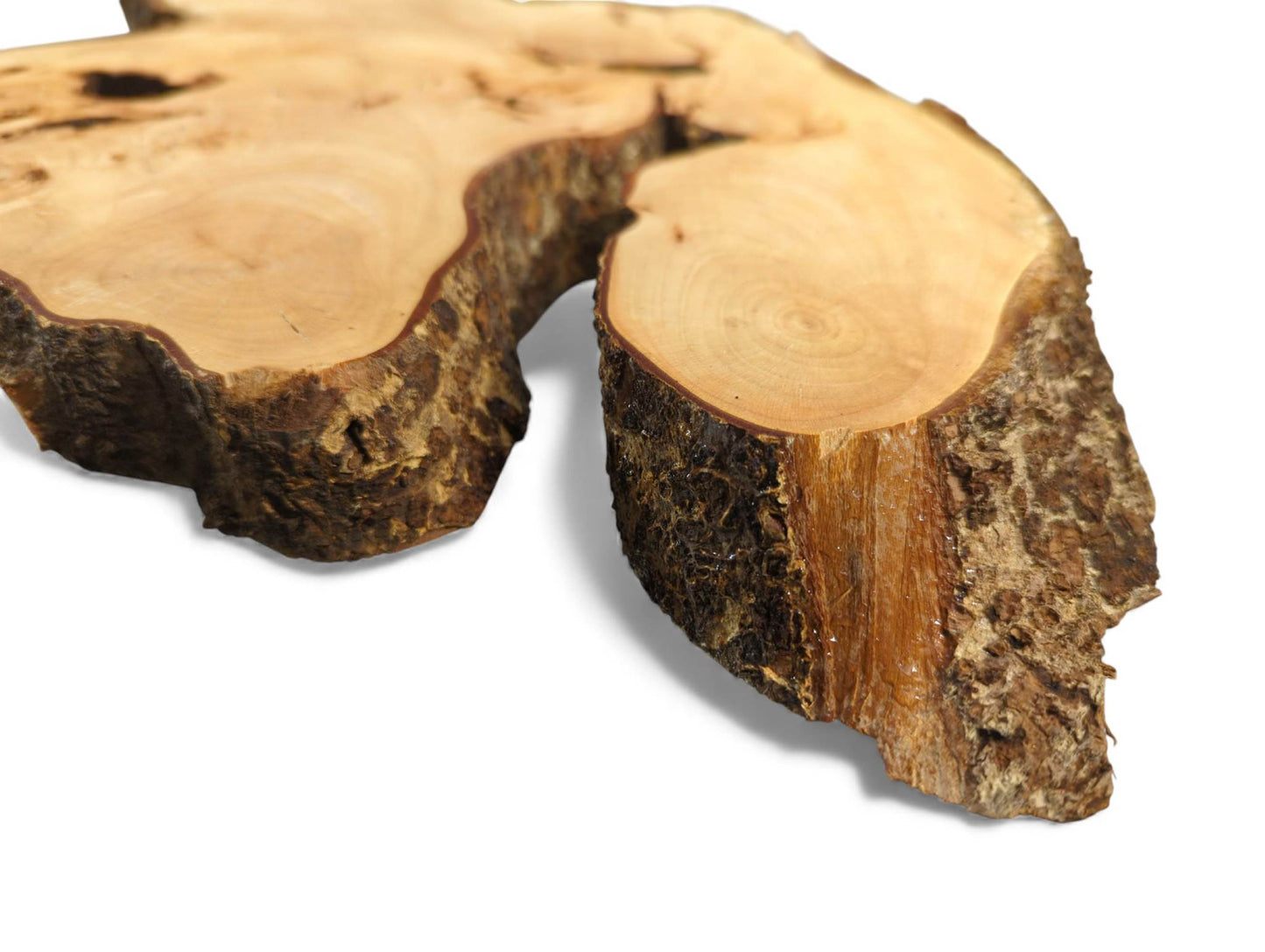 Untreated linden wood slice with irregular shape, light color, smooth planed surface, and dark textured bark.