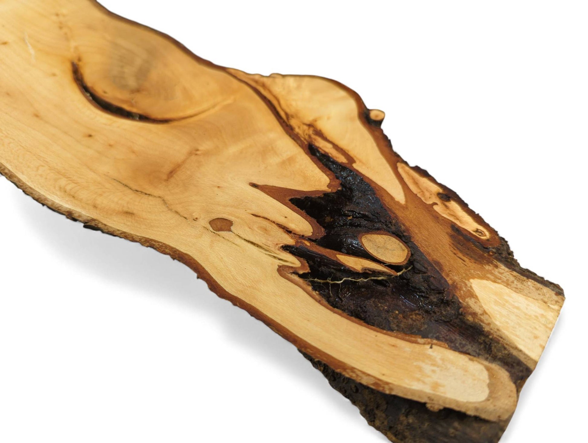 Irregular linden root wood slab, planed smooth, with light natural grain and dark textured live bark edge.