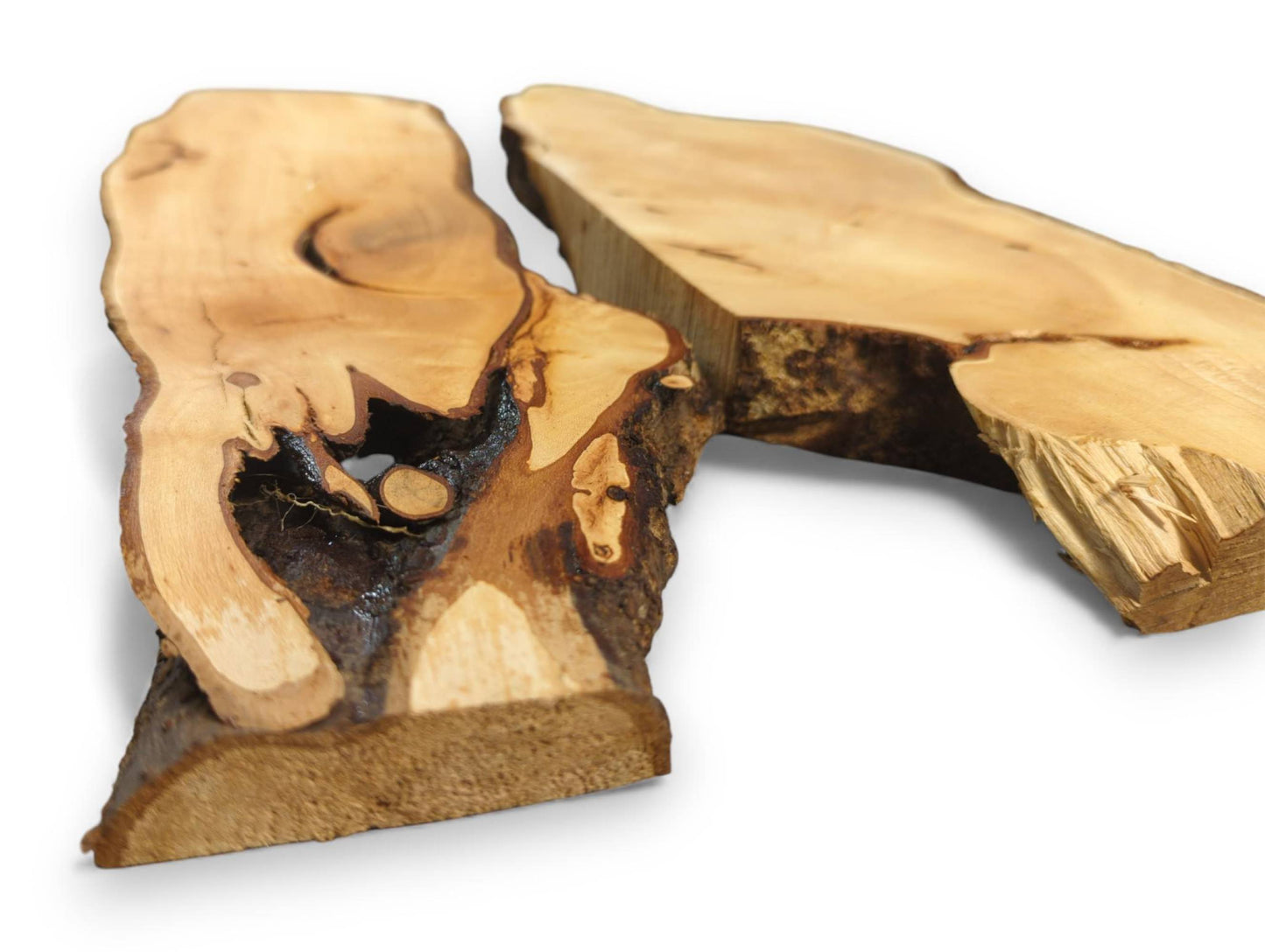 Untreated linden root wood slices, planed, sanded, with light grain, dark live edges, and a prominent natural cavity.