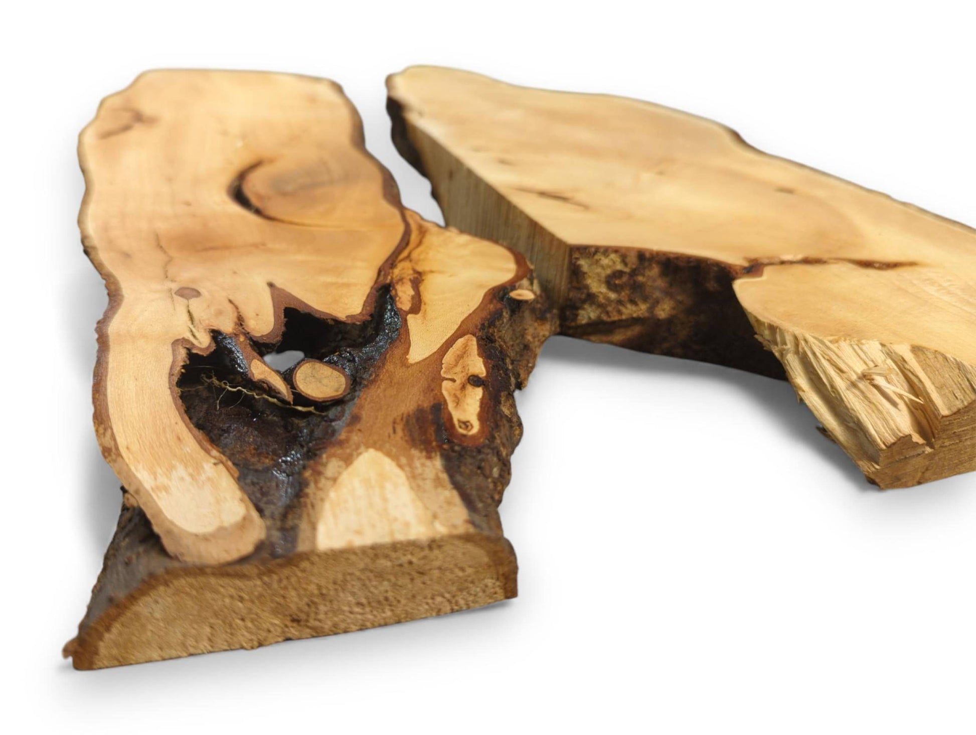Untreated linden root wood slices, planed, sanded, with light grain, dark live edges, and a prominent natural cavity.