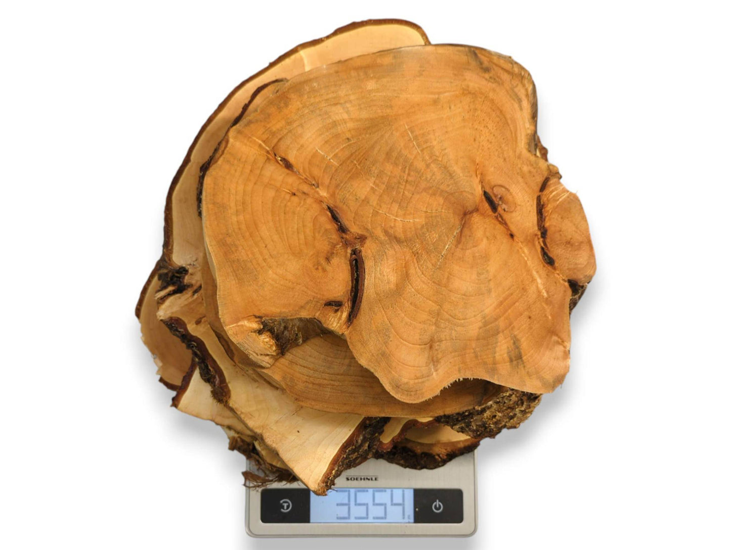 Stack of irregular linden wood slices, with pale planed faces and dark bark, showing 3554 on a scale.