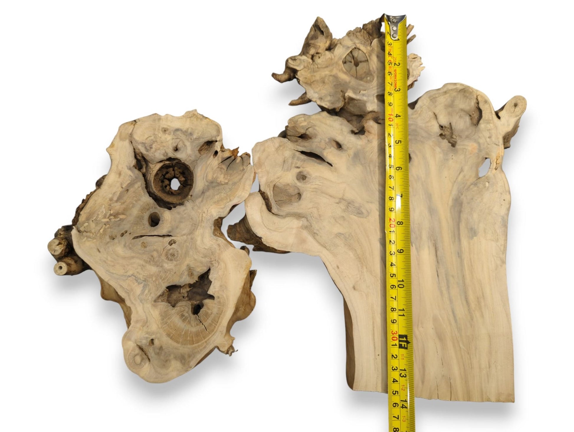 Elderberry burl wood slabs, irregular and light-toned, displaying natural grain and holes, with a yellow measuring tape.
