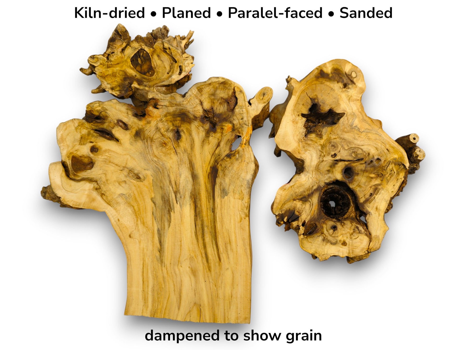 Infographic: Two irregular, light-brown elderberry burl wood slabs, kiln-dried, planed, and sanded, showing dampened grain.
