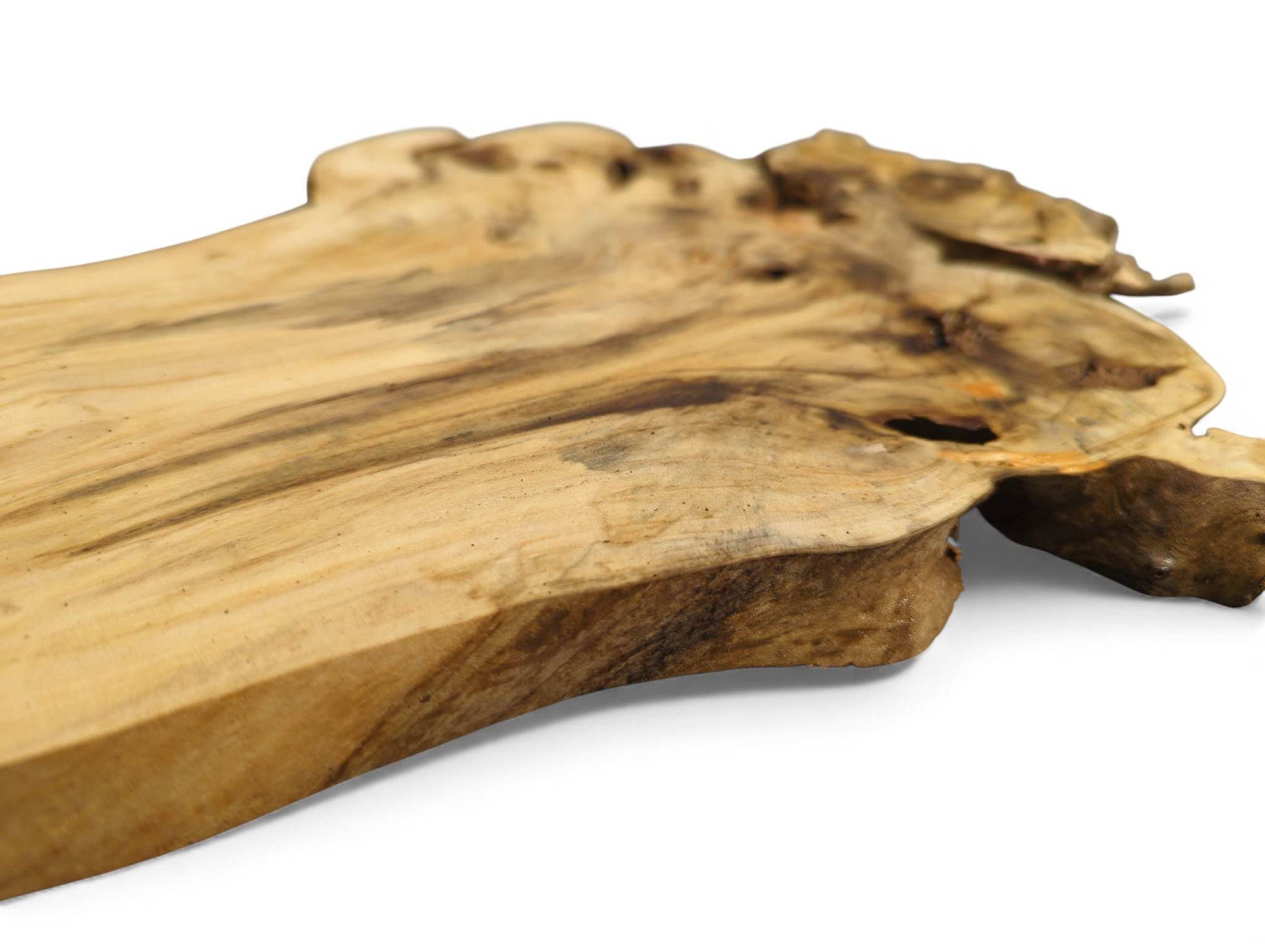 Irregular elderberry burl wood slab, light brown with dark grain, natural holes, and rough textured edges.