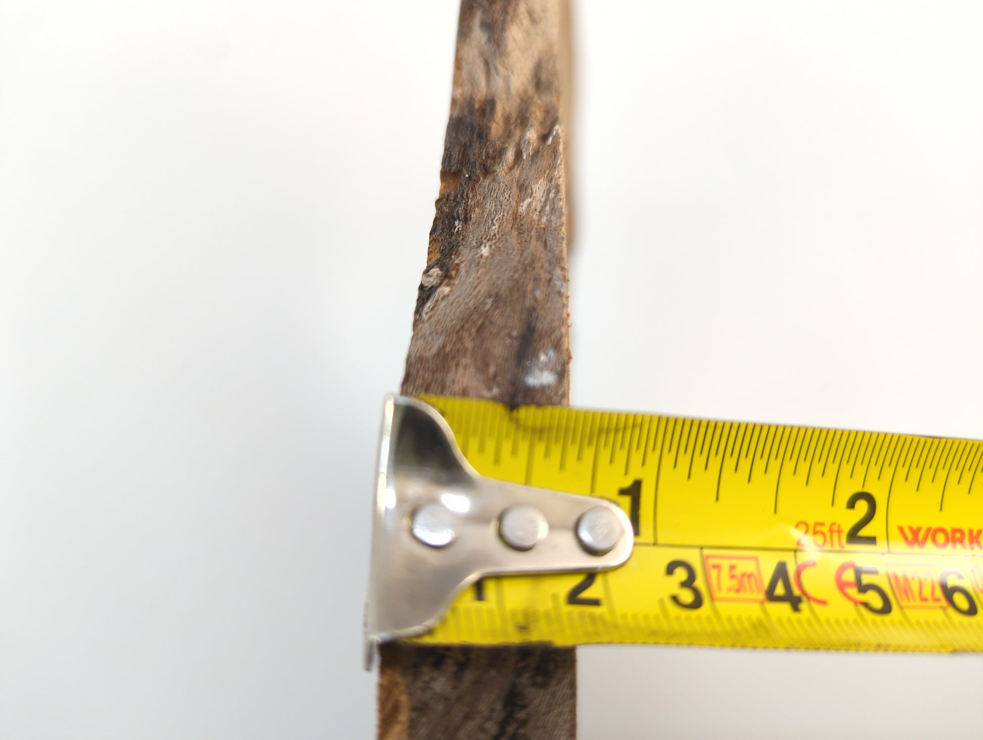 Yellow measuring tape on a wooden sclice against a white background