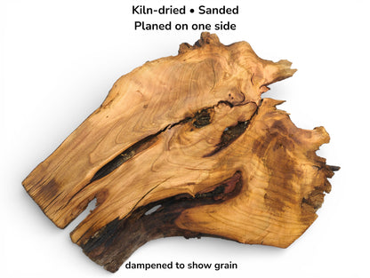 Image with text details showing a dampened wild cherry slab that is kiln-dried and sanded.