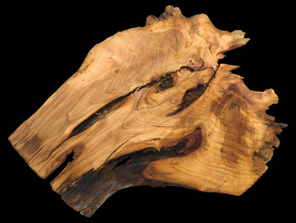 Full view of an irregularly shaped wild cherry slab displaying its prominent grain, knots, and voids.