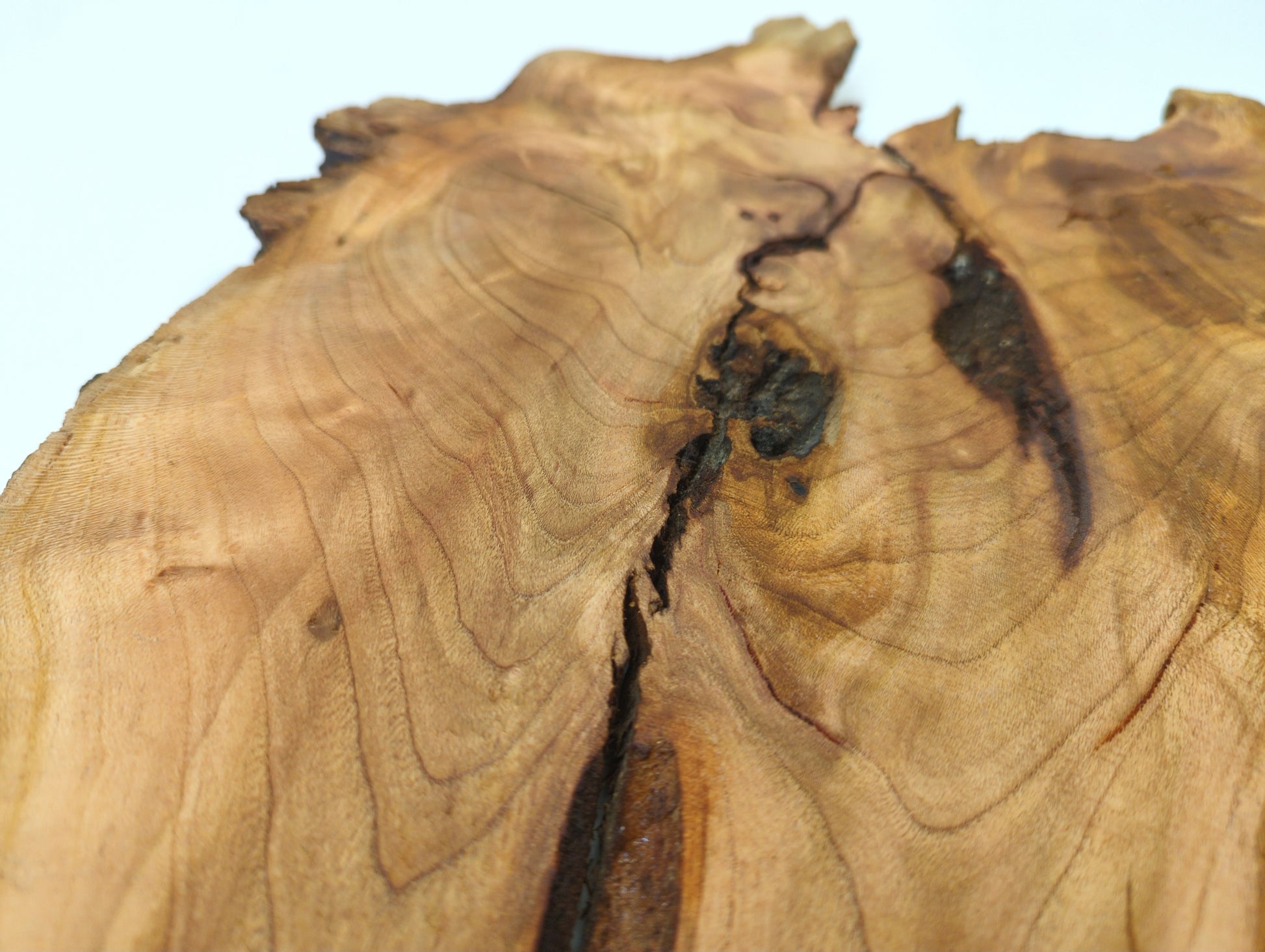 A tight shot of a cherry wood surface, showing the intricate grain patterns and a natural central crack.