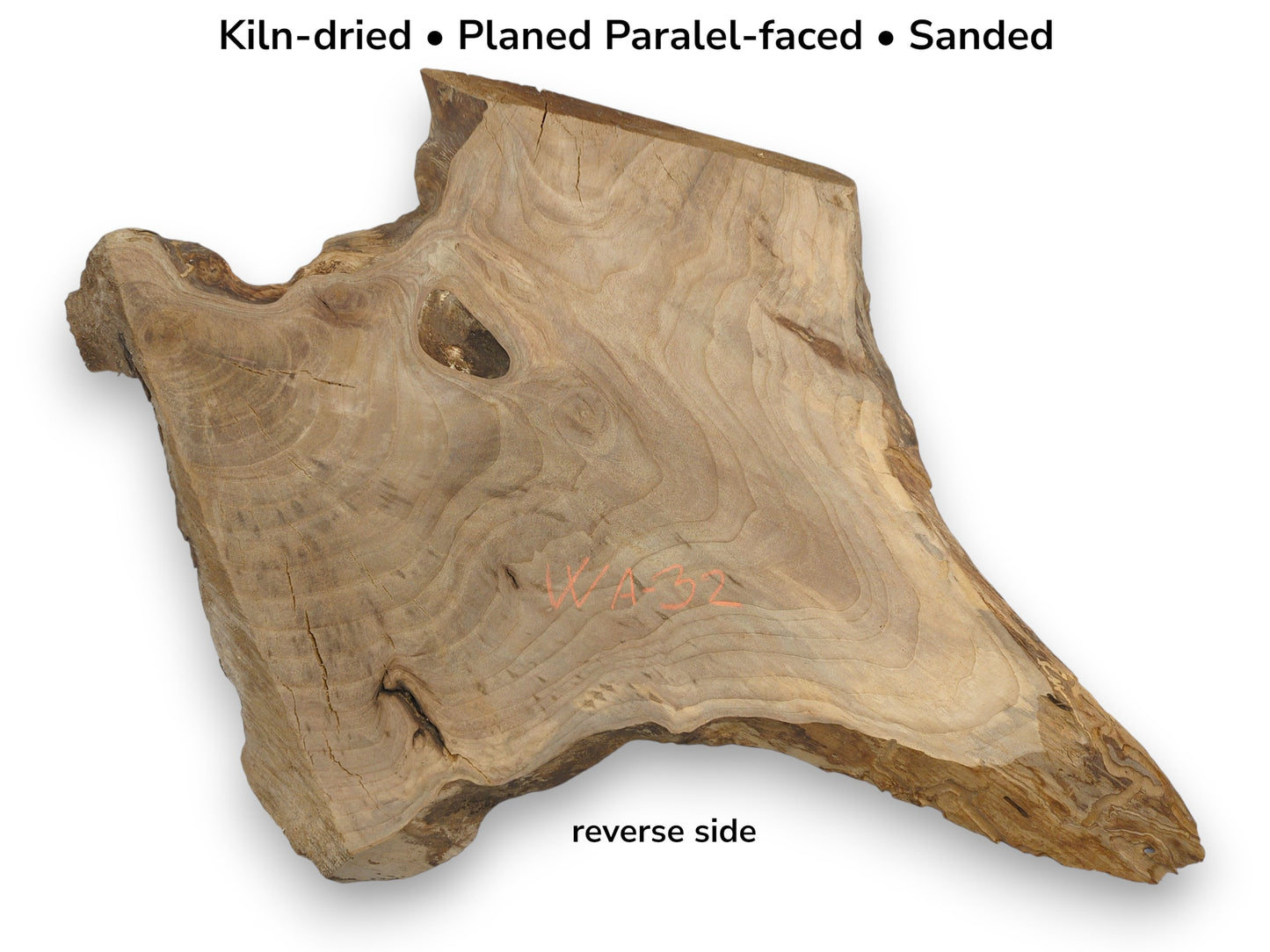 Image showing the reverse side of a pale walnut slab with text detailing its preparation and number.