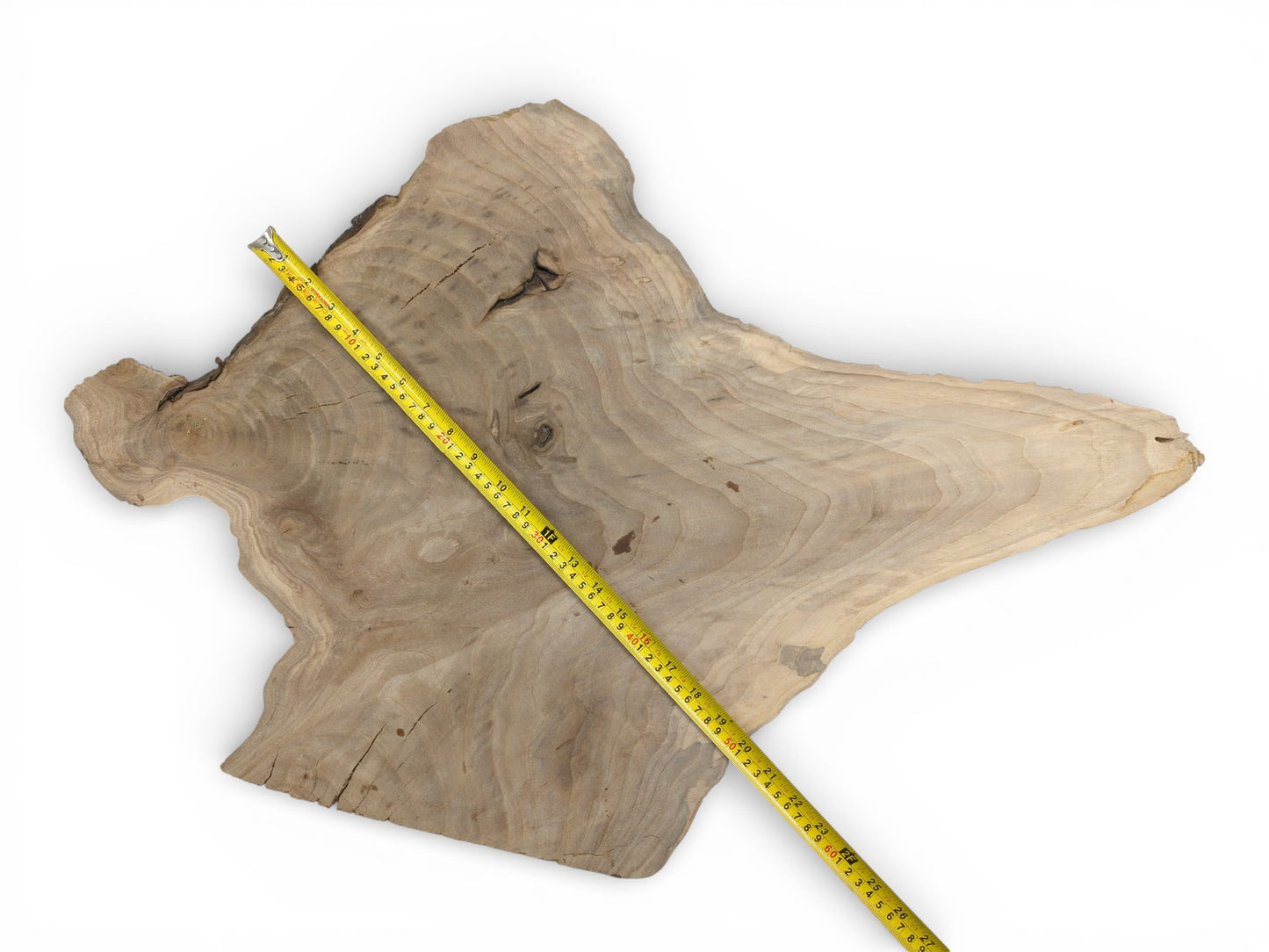 An overhead view of a raw, live edge walnut slab with a yellow tape measure displayed diagonally.