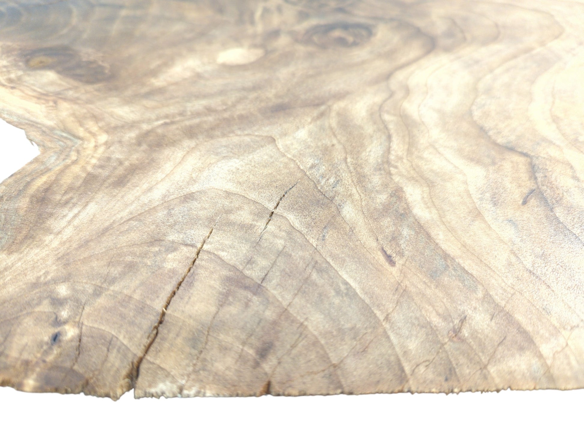 A detailed, low-angle view across a wood slab, showing its sweeping grain and fine surface cracks.