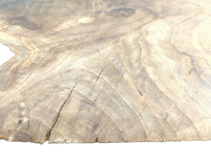 A detailed, low-angle view across a wood slab, showing its sweeping grain and fine surface cracks.