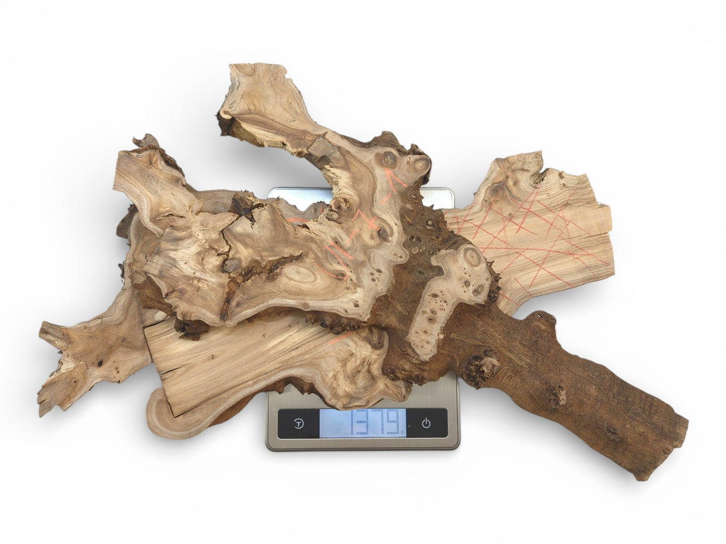A burled hardwood root piece with red markings is displayed on a digital scale showing its weight.