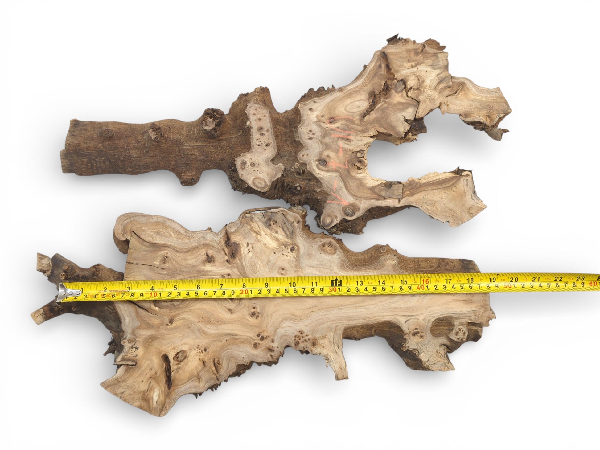 An overhead view of two distinct hardwood slabs, with a tape measure showing the bottom slab's dimensions.