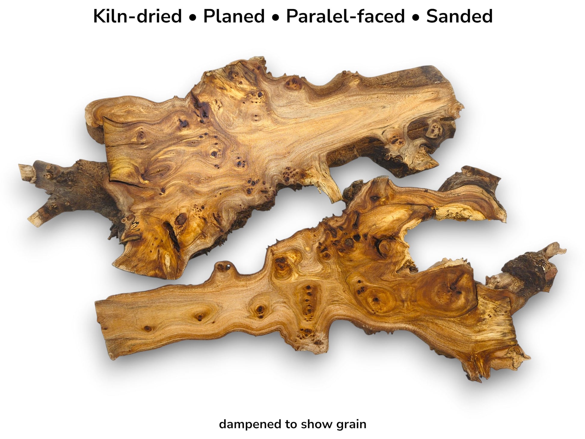 Image with text listing preparation details for two dampened, rustic root slices showing swirling grain.