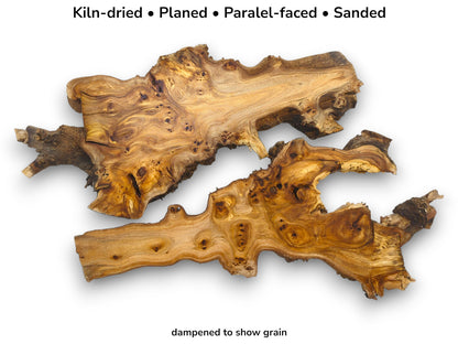Image with text listing preparation details for two dampened, rustic root slices showing swirling grain.