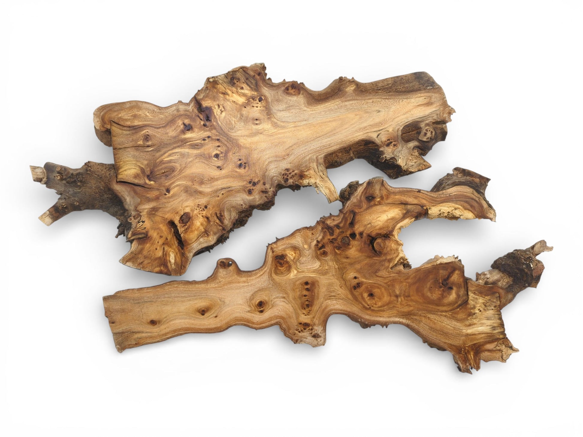 An overhead perspective of two non-uniform wood sections showing complex grain details and numerous circular knots.