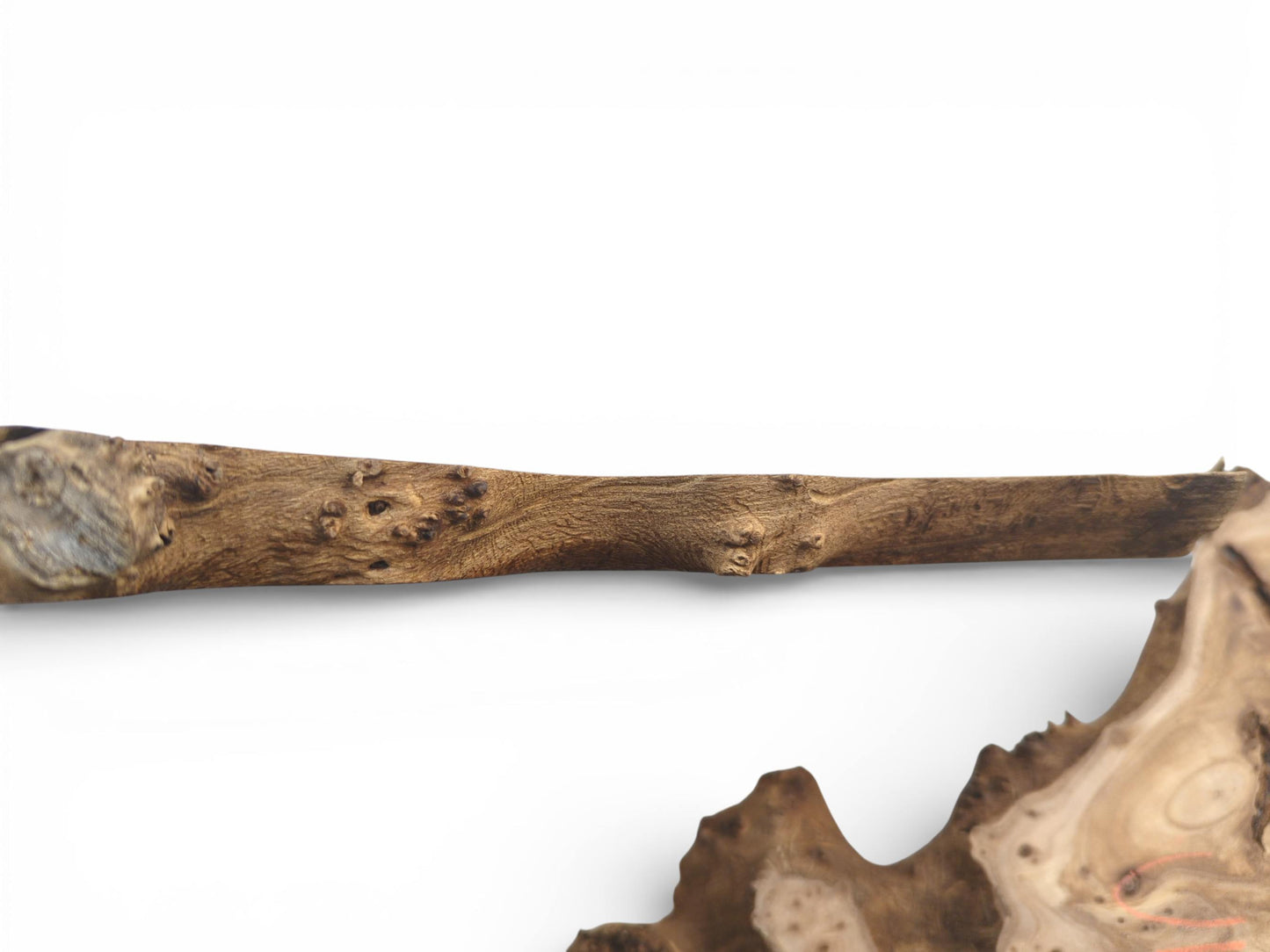 A long, knotty branch is positioned horizontally over a partially shown, irregularly shaped wood slice.