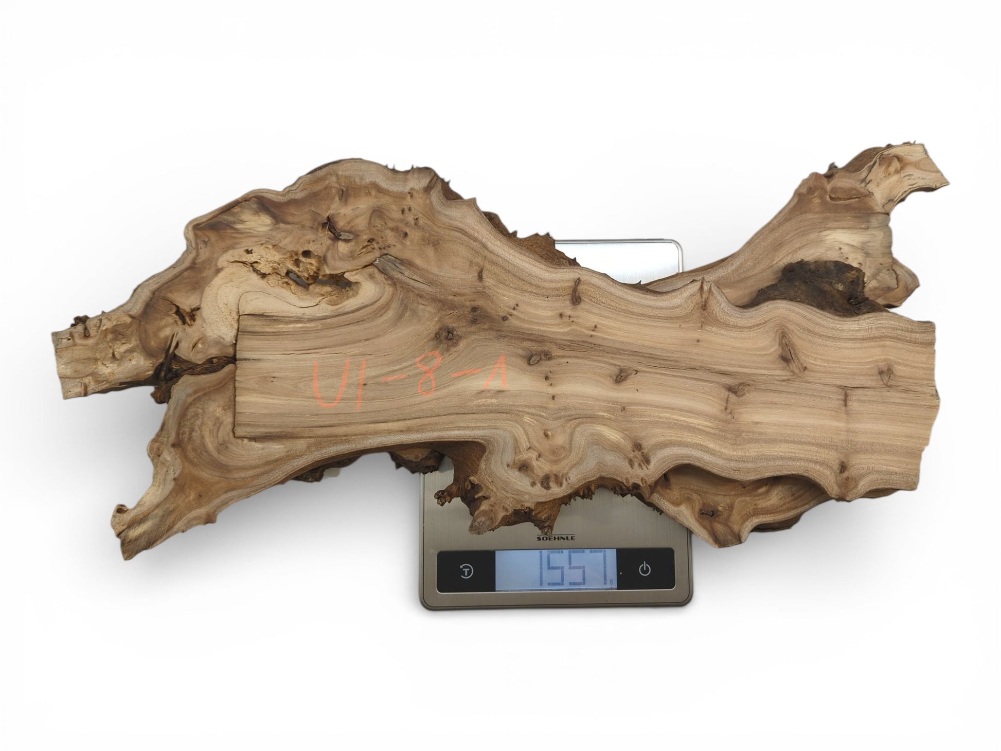 An irregular hardwood slab with a wavy grain rests on a digital scale displaying its weight.