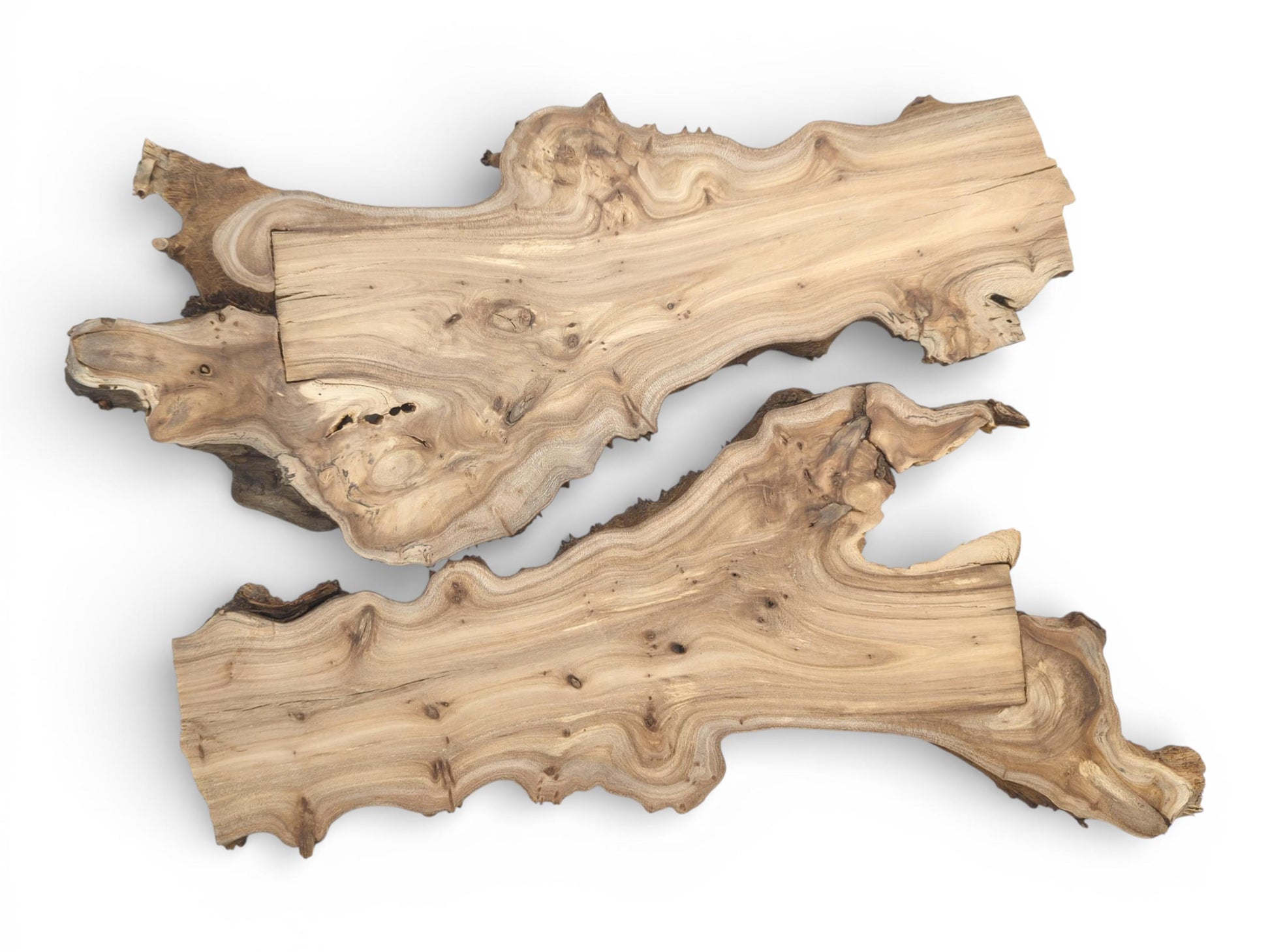 A flat lay of two matching hardwood slabs, featuring their irregular live edges and swirling grain.