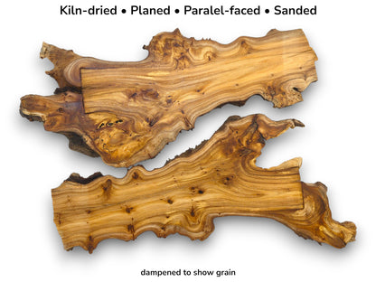 Two dampened live-edge wood slabs showing their grain, with text detailing their kiln-dried, sanded finish.