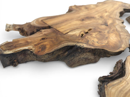 Close-up, low-angle view of a polished wood slab's profile, emphasizing its thick, dark, textured edge.