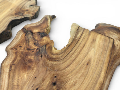 An oblique view of a polished hardwood slab, highlighting its complex wood pattern and natural cutout.