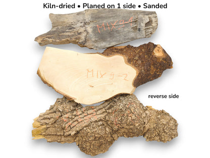 Image with text showing three wood slabs: weathered, smooth sanded, and a rough bark reverse side.